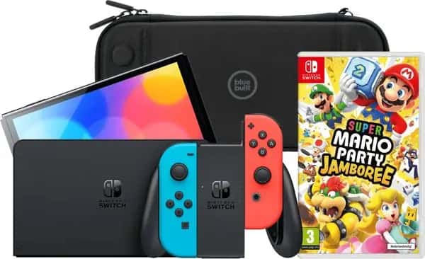 Nintendo Switch OLED Blauw/Rood + Mario Party Jamboree + BlueBuilt Beschermhoes