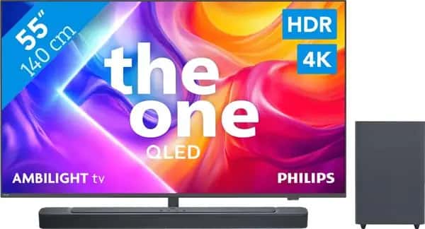 Philips Ambilight 55" PUS9000 QLED 4K (2025) + JBL Bar 2.1 Deep Bass M2 Zwart