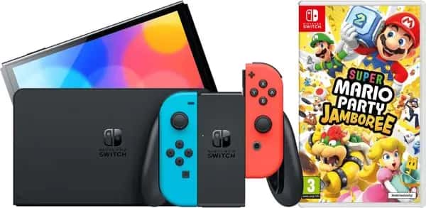 Nintendo Switch OLED Blauw Rood + Mario Party Jamboree