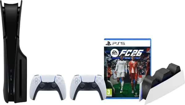 PS5 Slim Disc Edition + FC 26 + Covers Zwart + Extra Controller Wit + Oplaadstation
