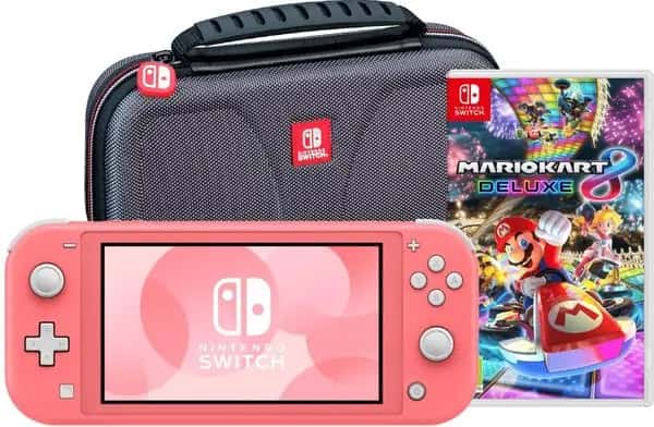 Nintendo Switch Lite Koraal + Mario Kart 8 Deluxe + Bigben Beschermtas