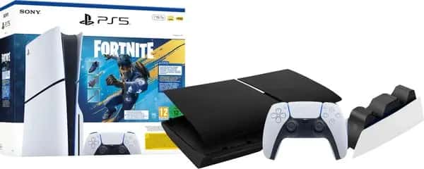 PS5 Slim Disc Edition Fortnite bundel +Covers Zwart + Extra Controller Wit + Oplaadstation