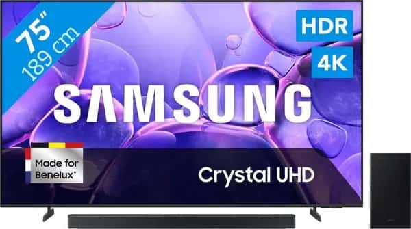 Samsung 75" Crystal UHD U8070F (2025) + Samsung HW-B750F Zwart