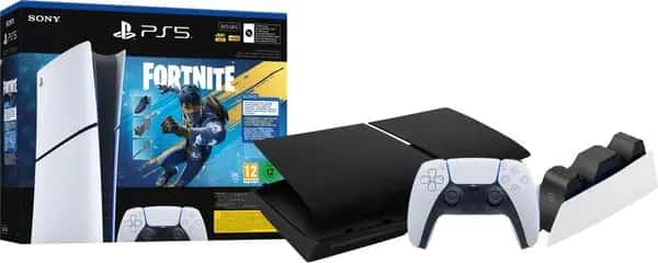 PS5 Slim Digital Edition Fortnite bundel + Covers Zwart + Extra Controller Wit + Oplaadstation
