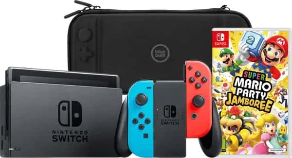 Nintendo Switch Rood/Blauw + Mario Party Jamboree + BlueBuilt Beschermhoes