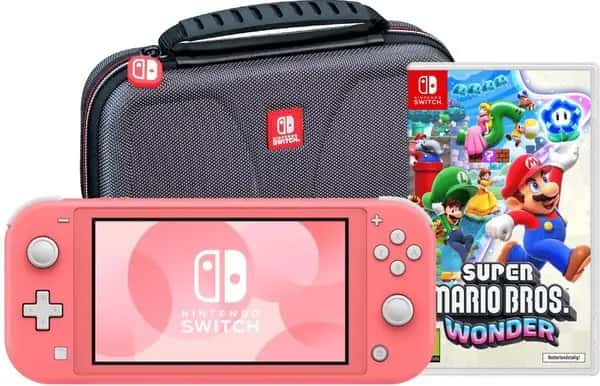 Nintendo Switch Lite Koraal + Super Mario Bros. Wonder + Beschermhoes