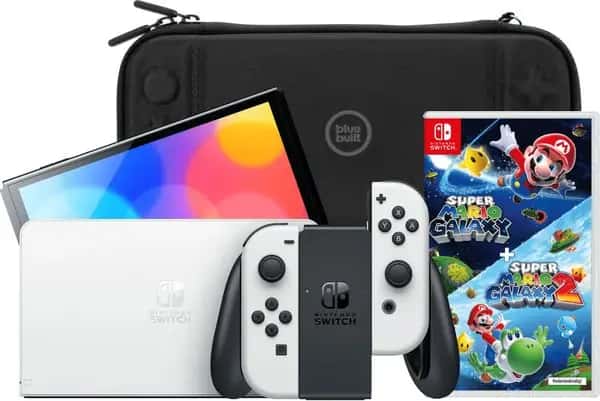 Nintendo Switch OLED Wit + Super Mario Galaxy 1+2 + BlueBuilt Beschermhoes