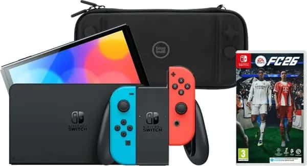 Nintendo Switch OLED Blauw/Rood + EA Sports FC 26 + BlueBuilt Beschermhoes